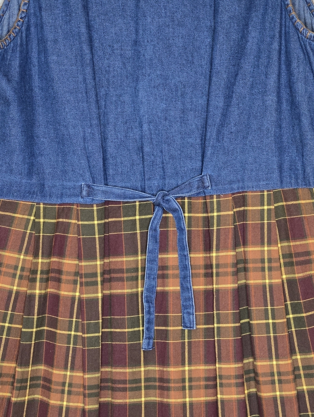 Vtg Casey & Max Denim Plaid Jumper Dress Medium Fall Leaf Embroidered Maxi 90s - Picture 8 of 8